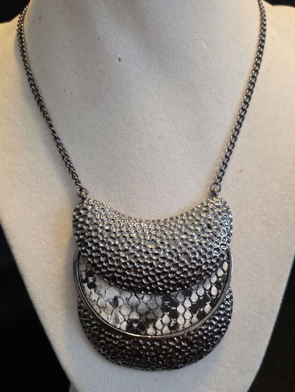 Guess Gunmetal Textured  Statement Necklace with Snakeskin Accent